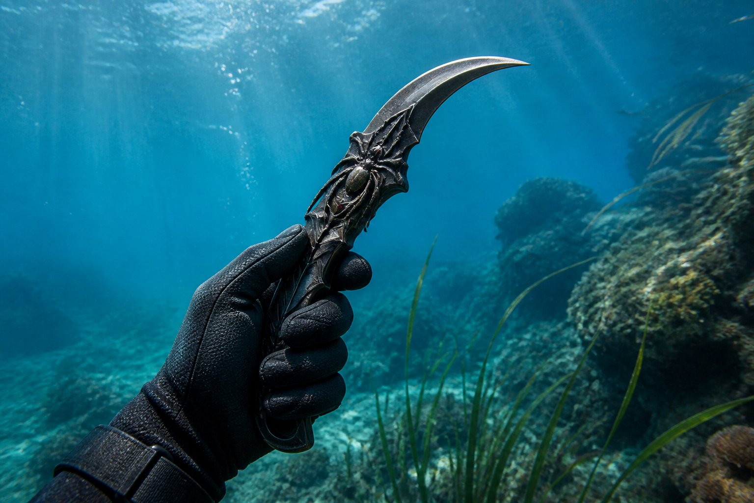 A hand wearing a diving glove holding a curved dagger underwater with bubbles and aquatic plants around.