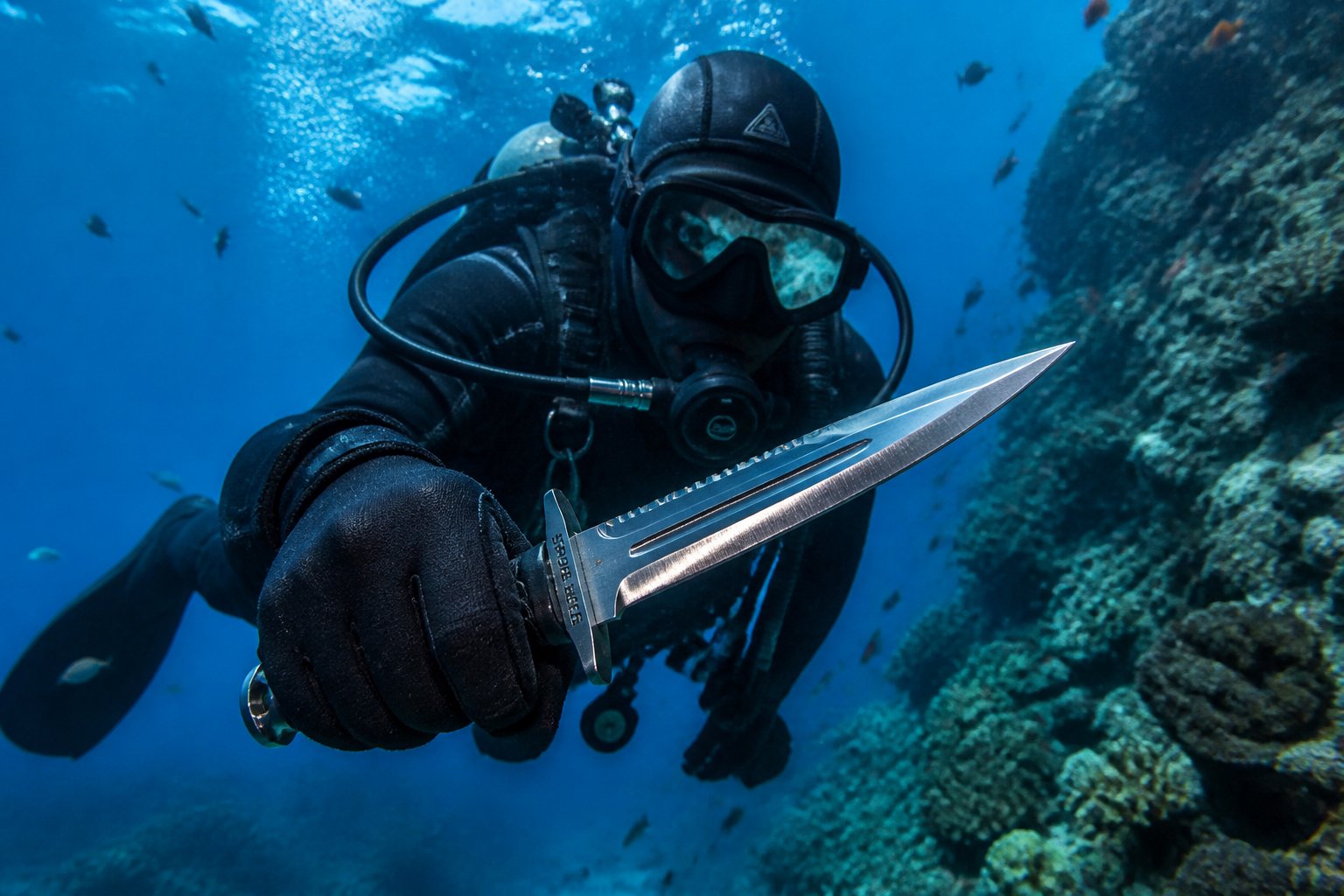 A hand wearing a diving glove holds a small spider fang dagger underwater surrounded by coral and fish.
