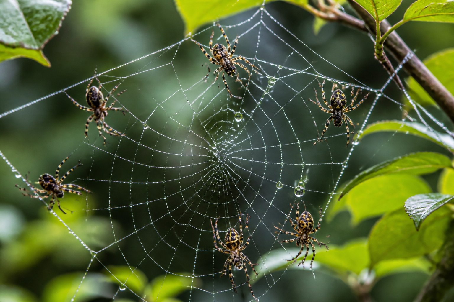 Several spiders working together to build a large web stretched between green branches outdoors.
