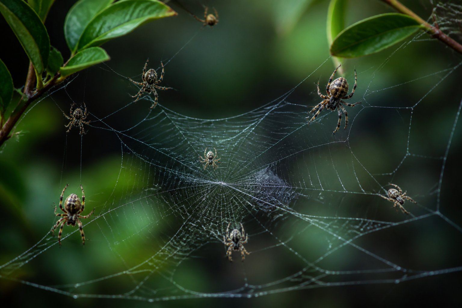 Several spiders working together to build a large, detailed web among green leaves outdoors.