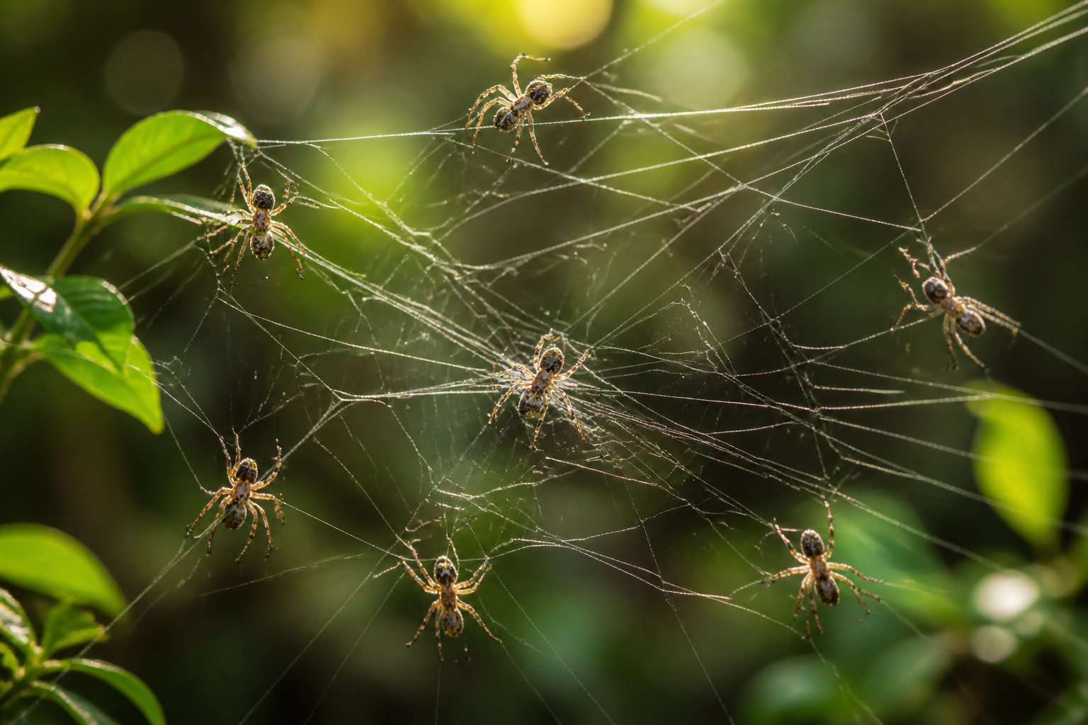 Several social spiders working together to build a large web among green leaves in natural light.