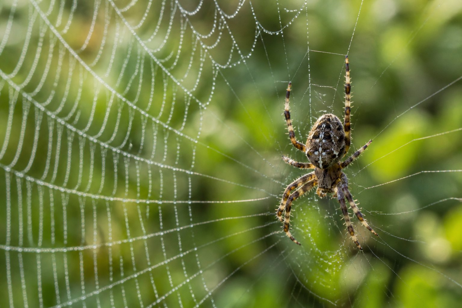 A single spider spinning its web alone outdoors with green blurred background.