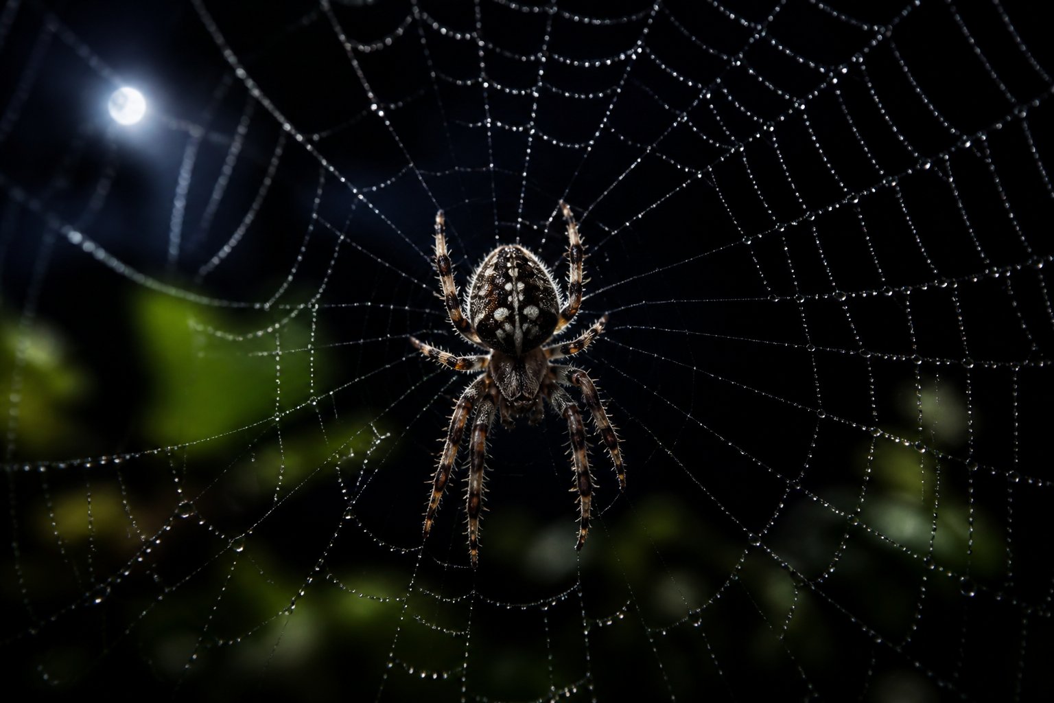 A close-up of a spider on its web at night with dew drops and a dark natural background.