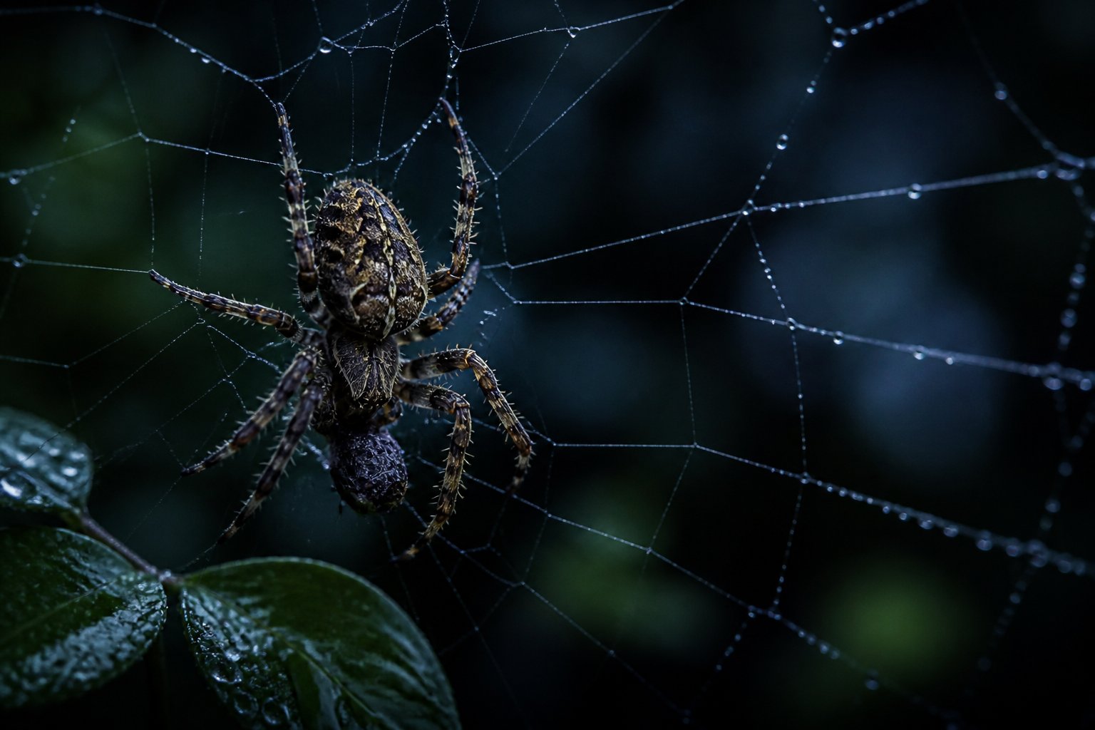 A spider on its web at night in a dark natural environment.