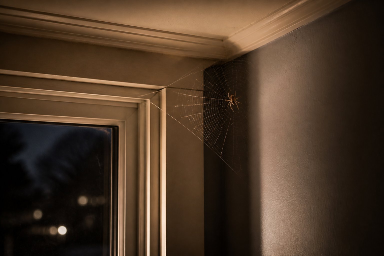 A small spider on a web in the corner of a dimly lit indoor room at night.