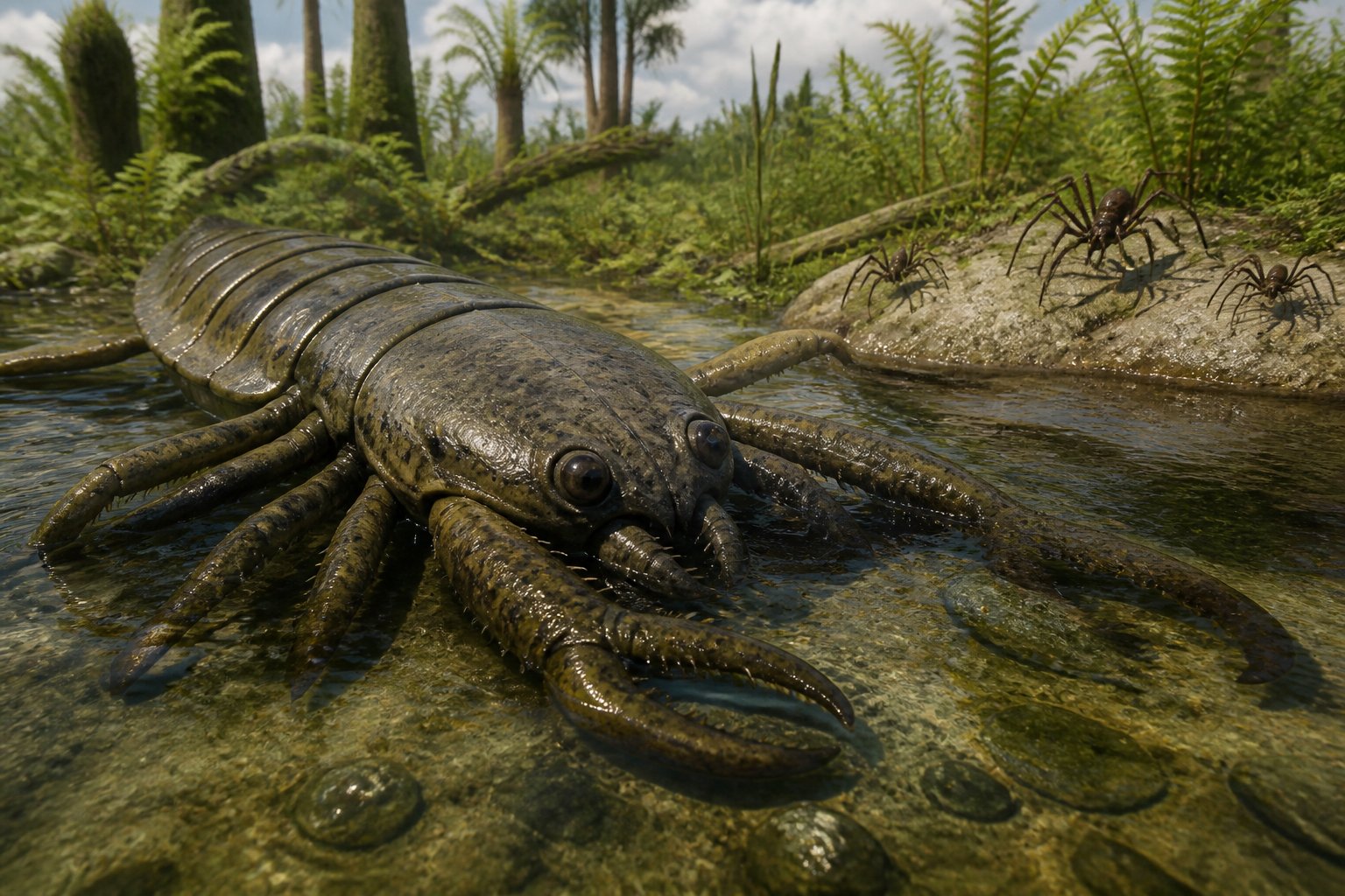 A detailed prehistoric scene showing a large aquatic arthropod Megarachne in shallow water with smaller spiders on land nearby.