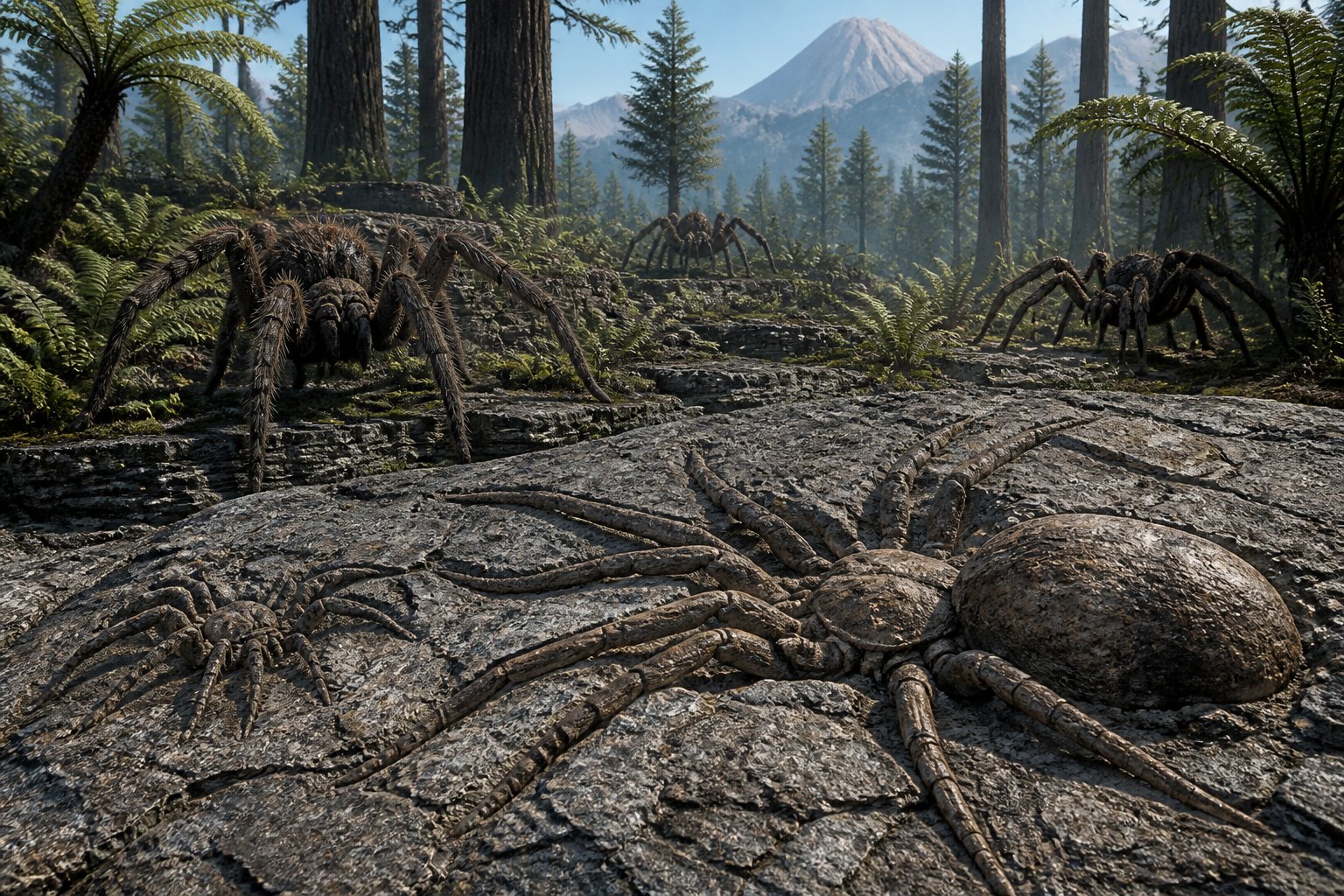 Ancient landscape showing large spider fossils embedded in rock with giant spiders crawling among ferns and trees.