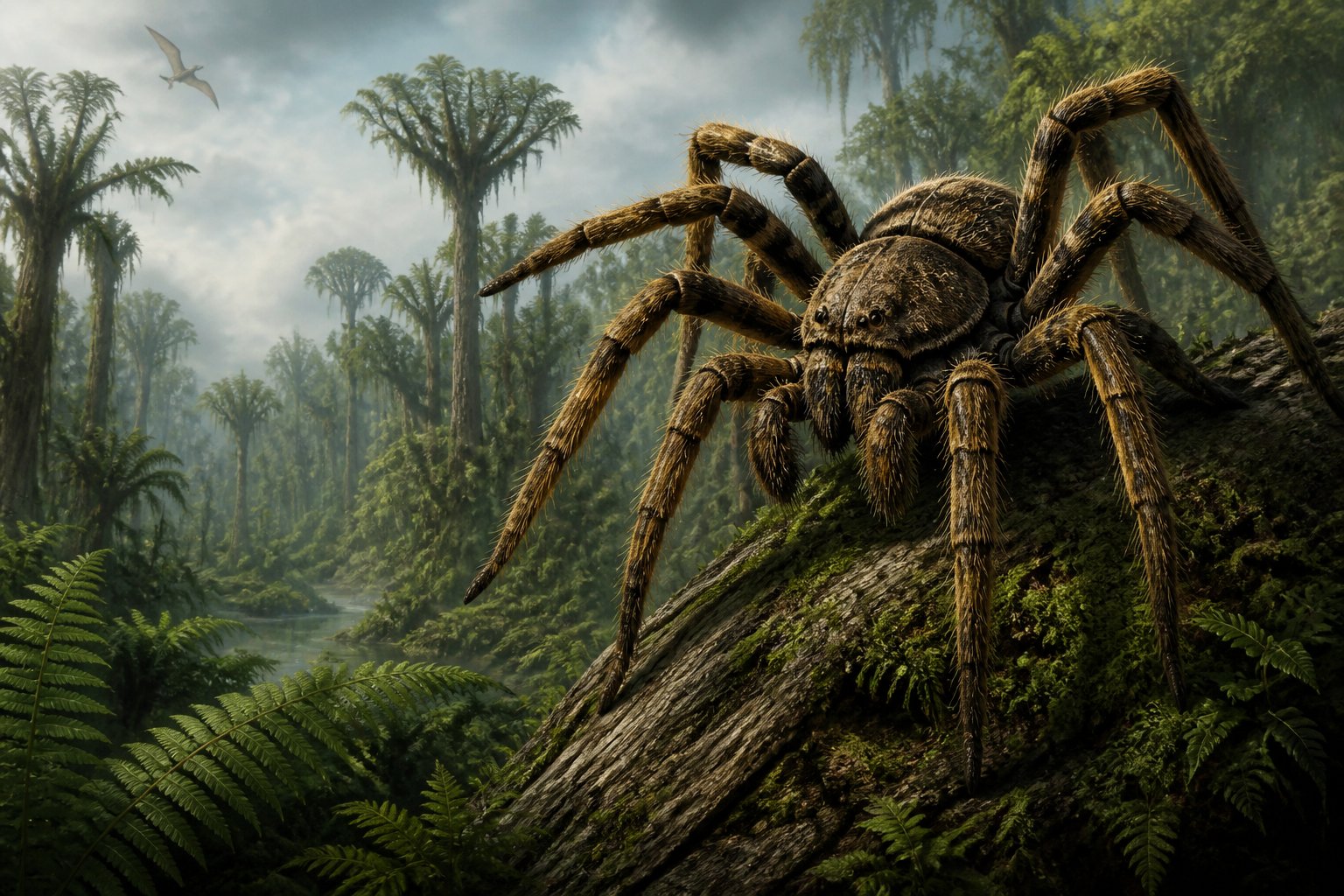A giant spider perched on a tree trunk in a dense prehistoric forest surrounded by large plants and small animals.