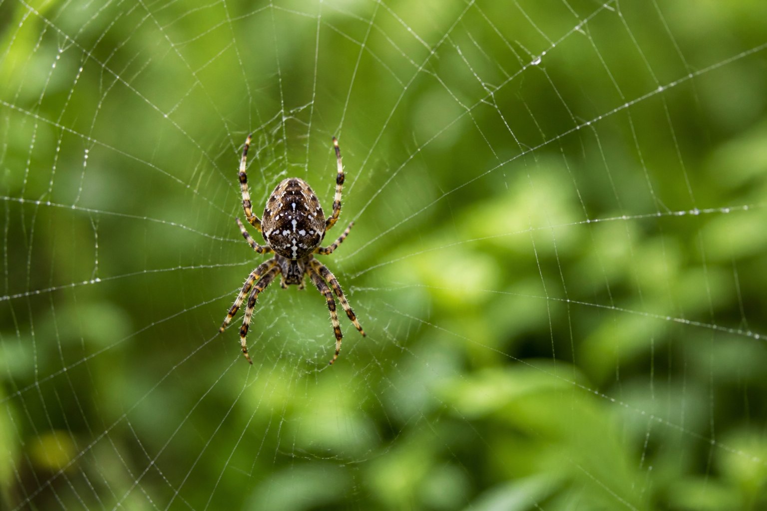 A solitary spider on its web in a natural outdoor setting with blurred green background.