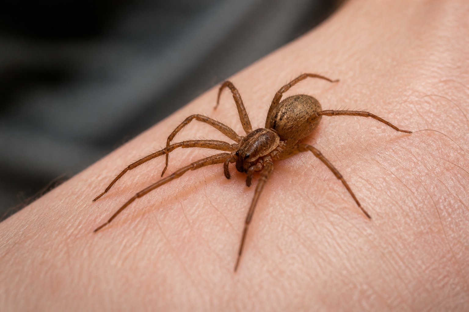 A close-up of a spider resting on human skin.
