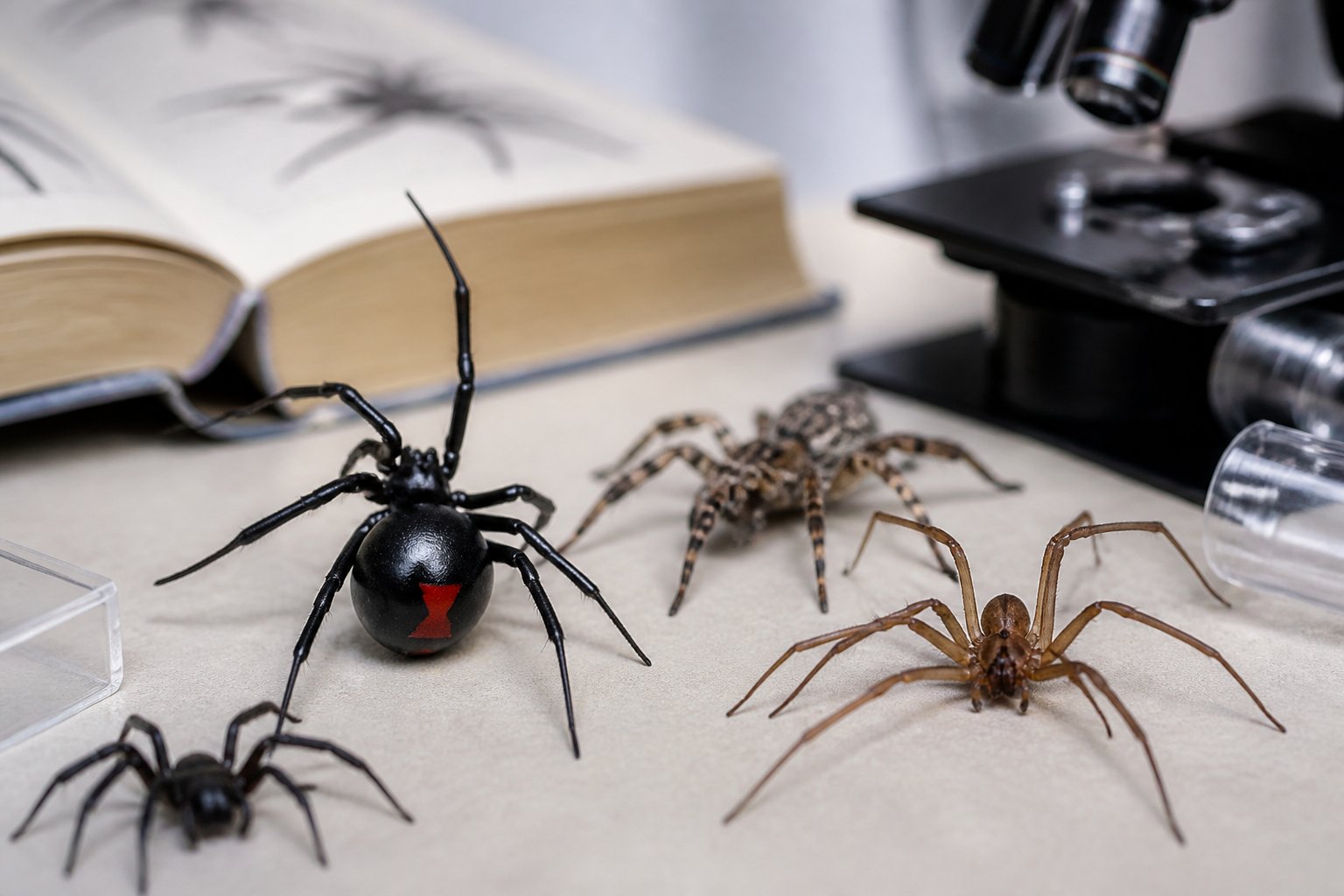 Close-up of several medically important spiders including a black widow and brown recluse on a neutral background with blurred medical equipment in the background.