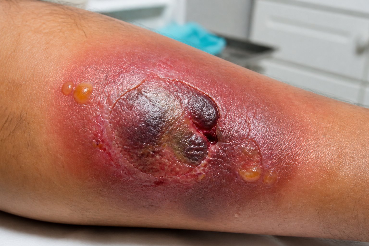 Close-up of a swollen, inflamed spider bite on a person's arm showing redness and blistering.