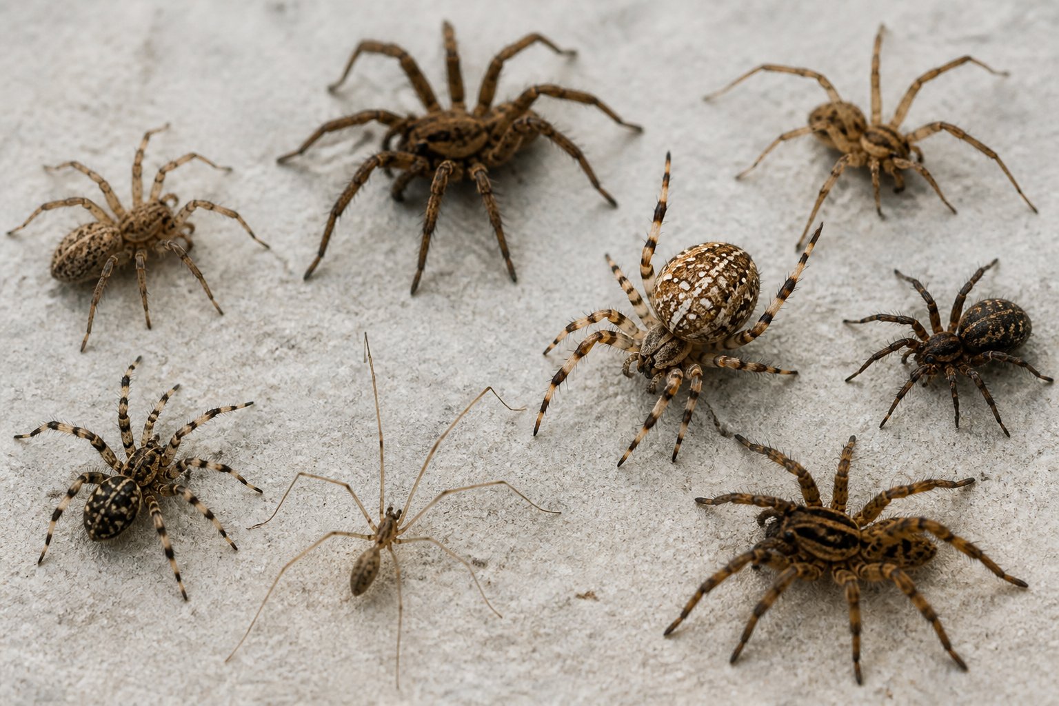 Several different small spiders with varied markings and colors arranged on a plain background.