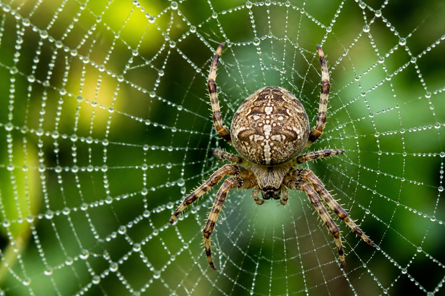 Close-up of a spider sitting on its detailed web with a blurred green background.