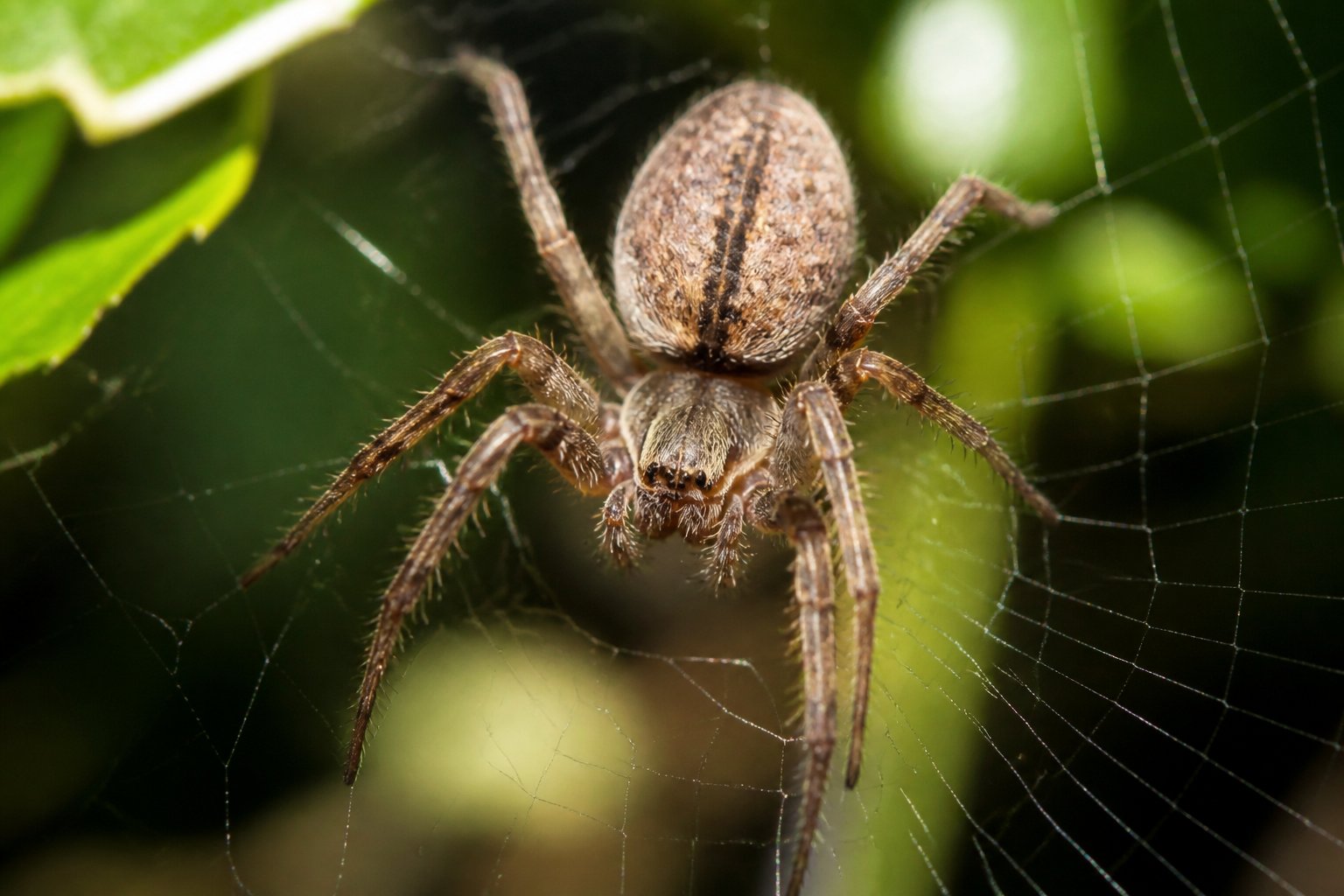 A close-up of a spider sitting on its web with green leaves in the background.