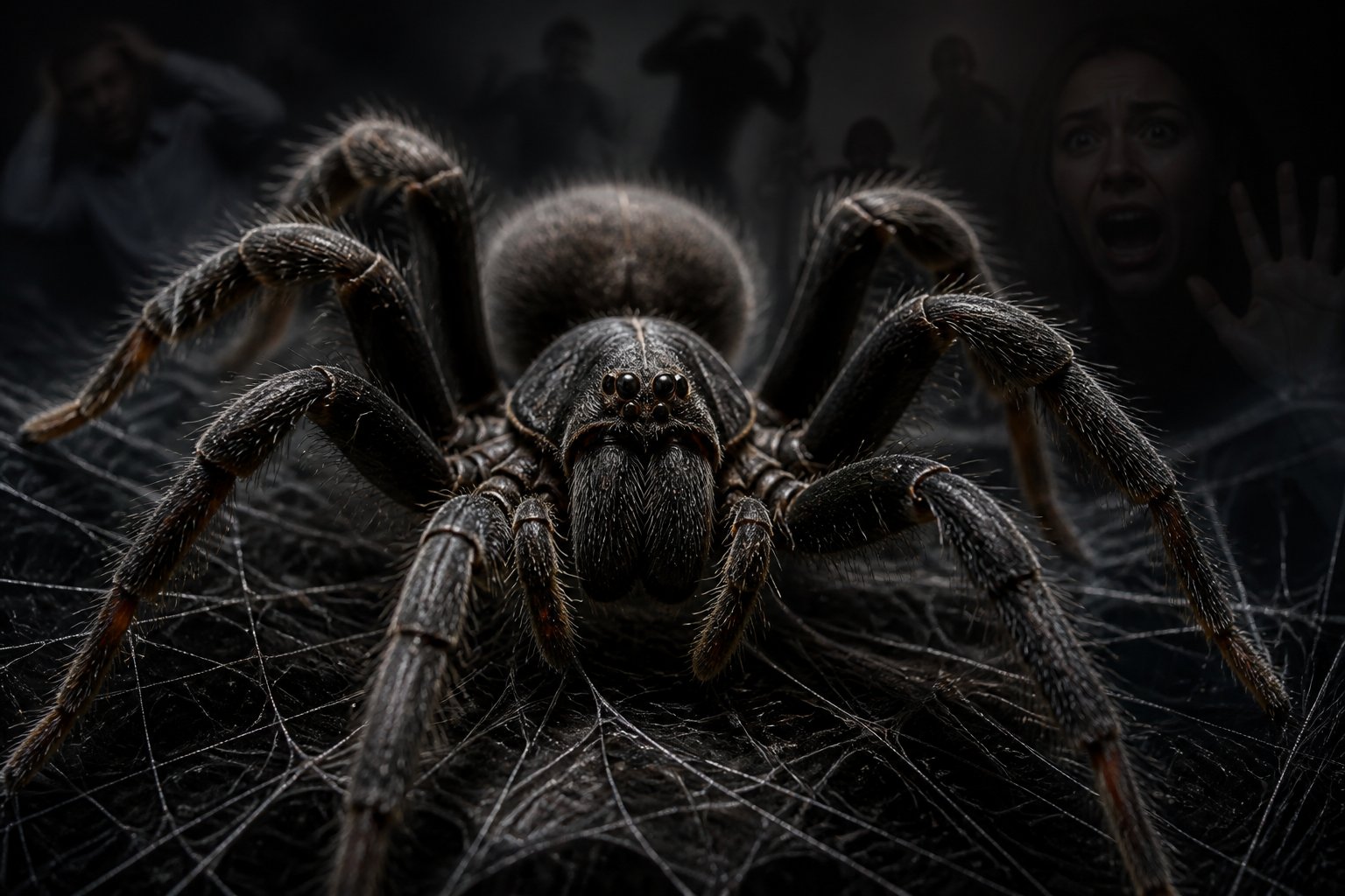 Close-up of a large spider on its web with faint silhouettes of people reacting fearfully in the background.