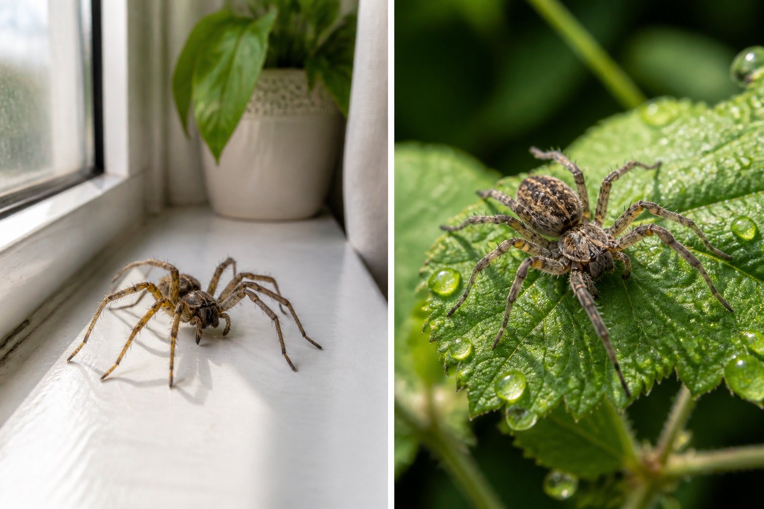 Close-up of two spiders, one on a windowsill indoors and the other on green leaves outdoors.