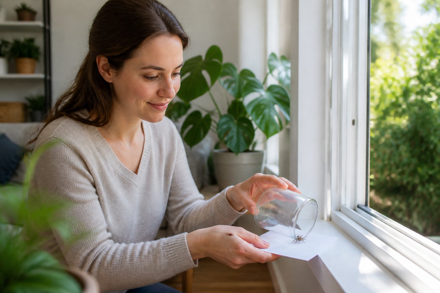 A person gently guiding a small spider outdoors using a glass jar and paper near a sunny window in a tidy living room.