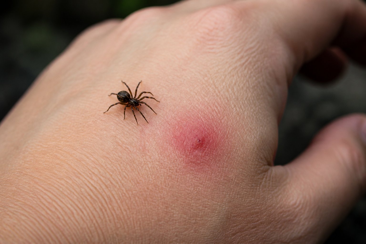 Close-up of a human hand with a small red spot and a spider near the bite area.