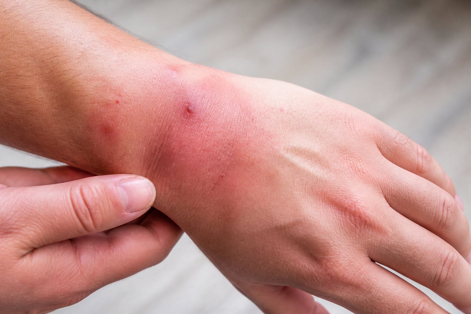 Close-up of a person's hand with red, irritated spots and mild swelling indicating a possible spider bite reaction.