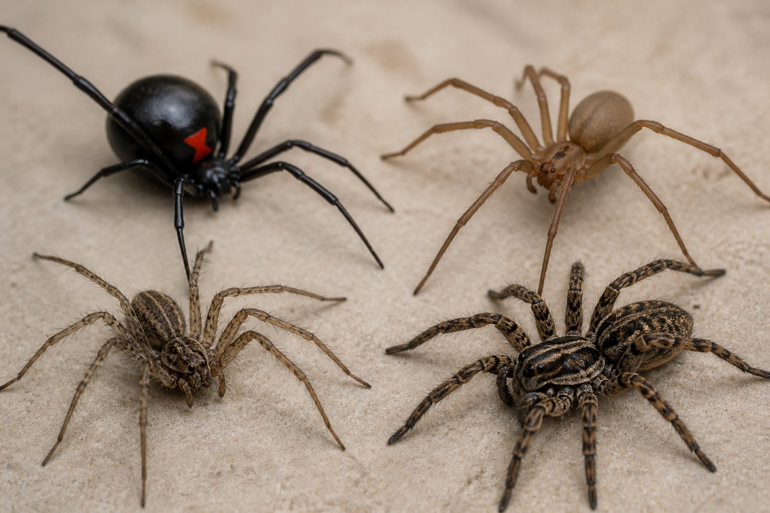 Close-up view of several common spider species including a black widow, brown recluse, house spider, and wolf spider on a neutral background.