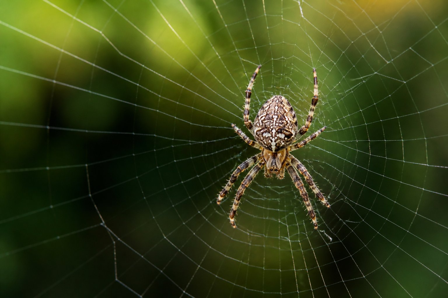Close-up of a spider sitting on its web outdoors with blurred green background.