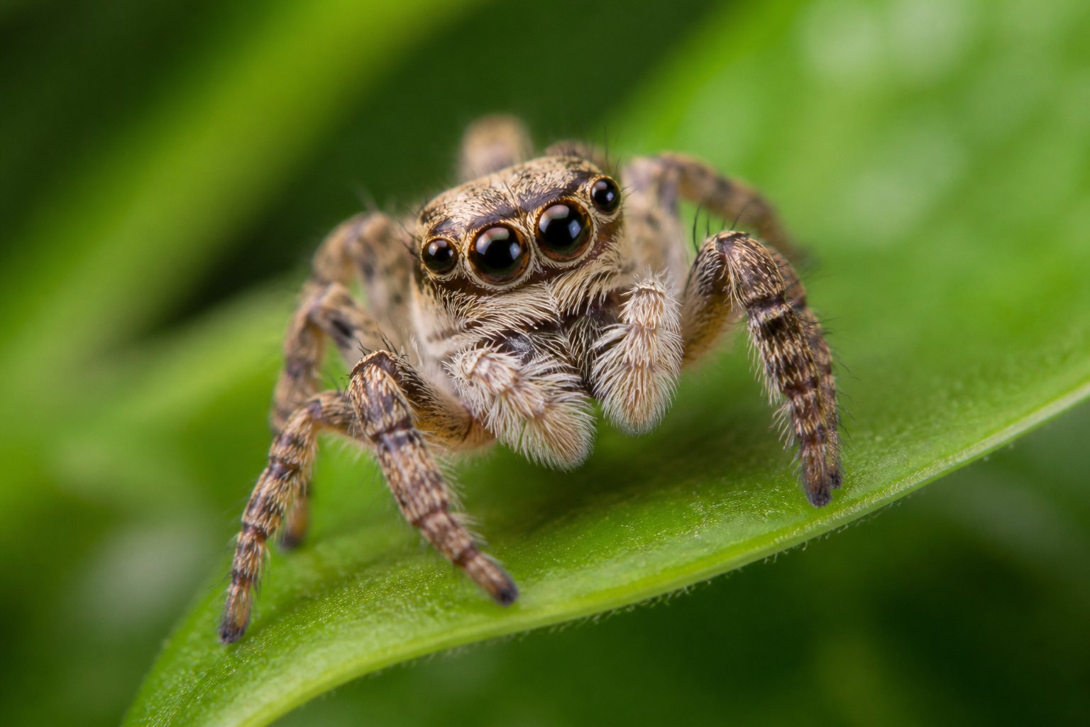 A close-up of a jumping spider on a green leaf with its eyes clearly visible.