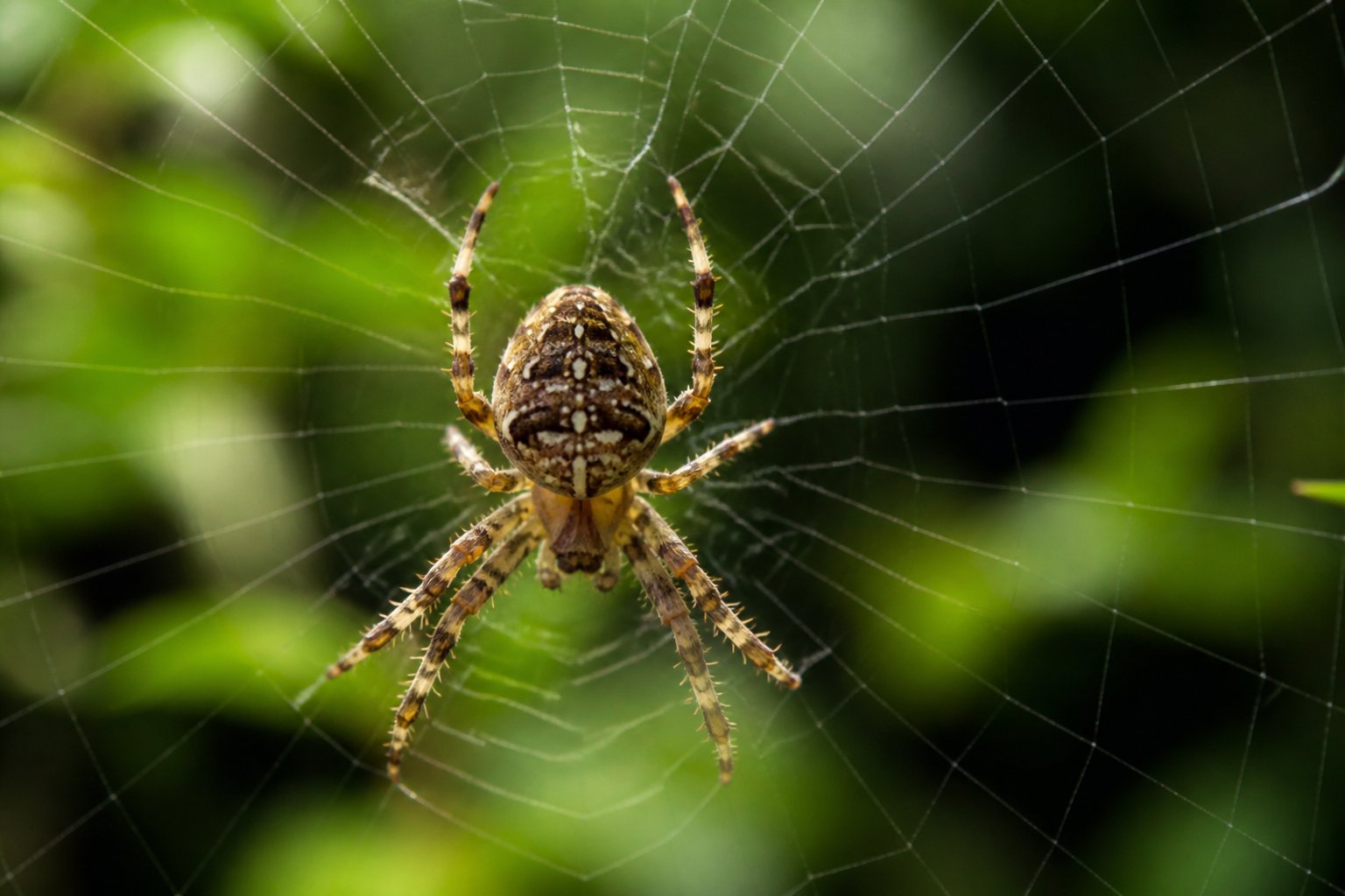 Close-up of a spider sitting on its web with a blurred green background.