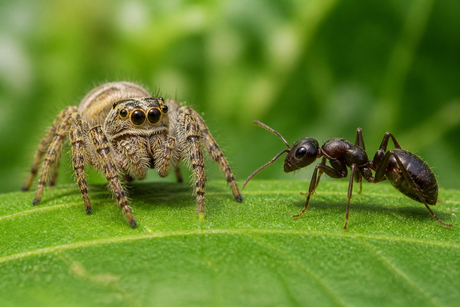 Close-up of a spider and an insect side by side on a leaf, showing the spider with eight legs and the insect with six legs.