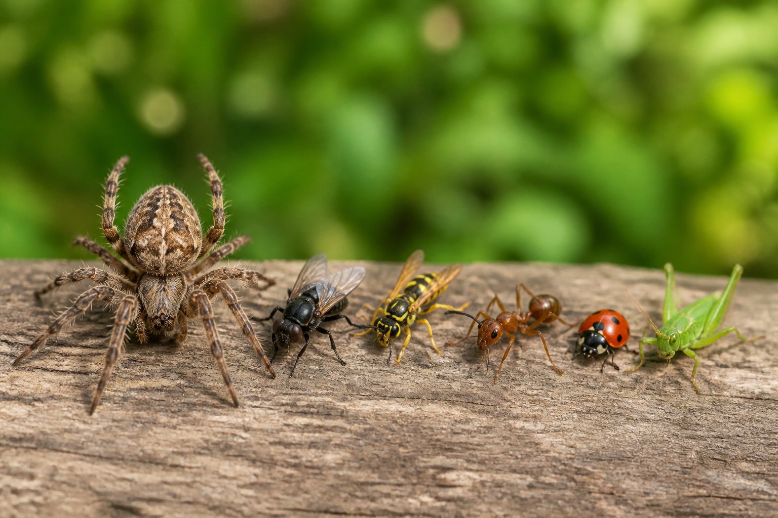 Close-up view of a spider next to several insects on a natural background, showing their different body structures.