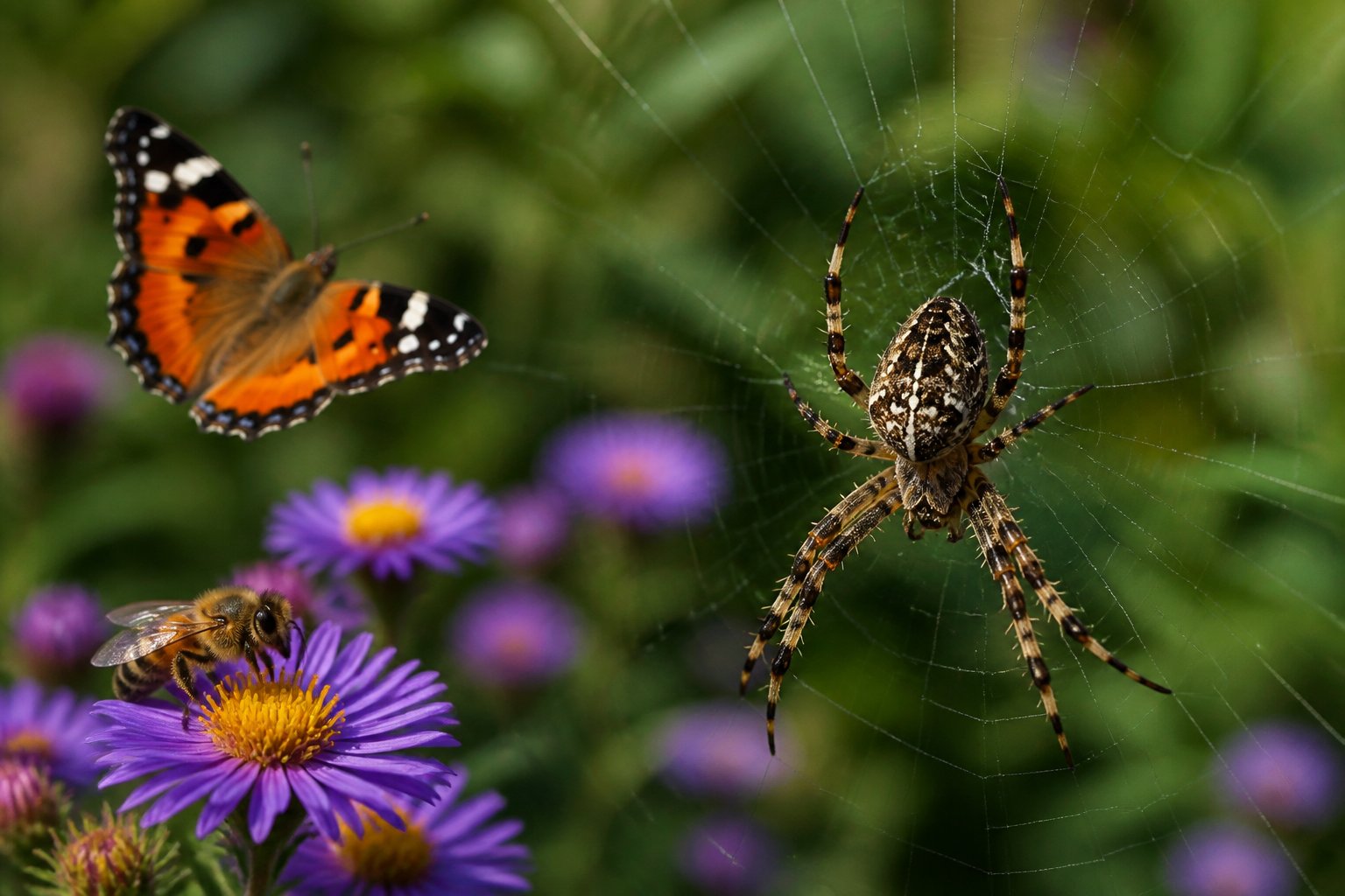 Close-up of a spider on green leaves with a butterfly and a bee nearby in a garden setting.