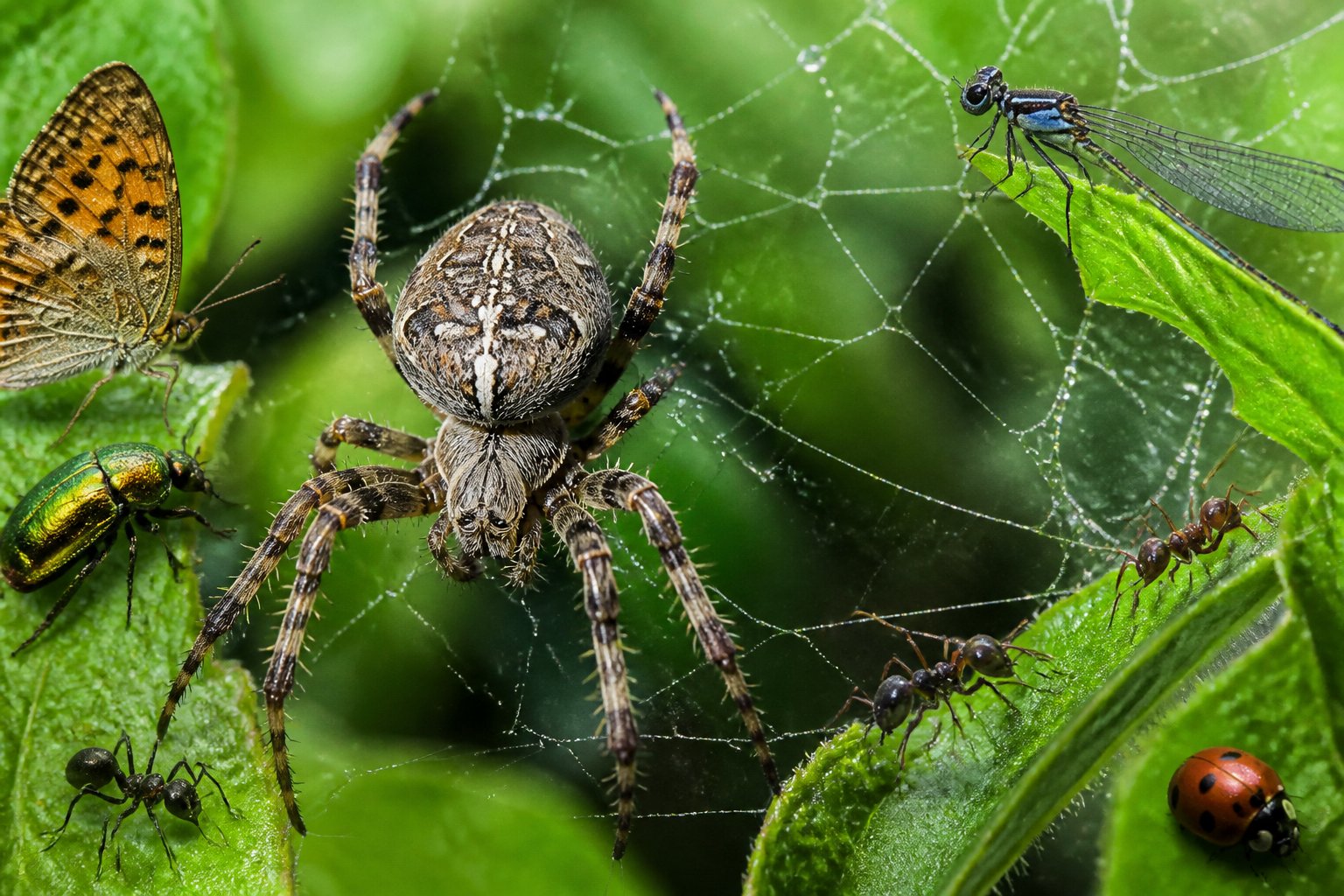 A close-up of a spider on green leaves with various insects nearby, showing the spider's eight legs and body clearly.