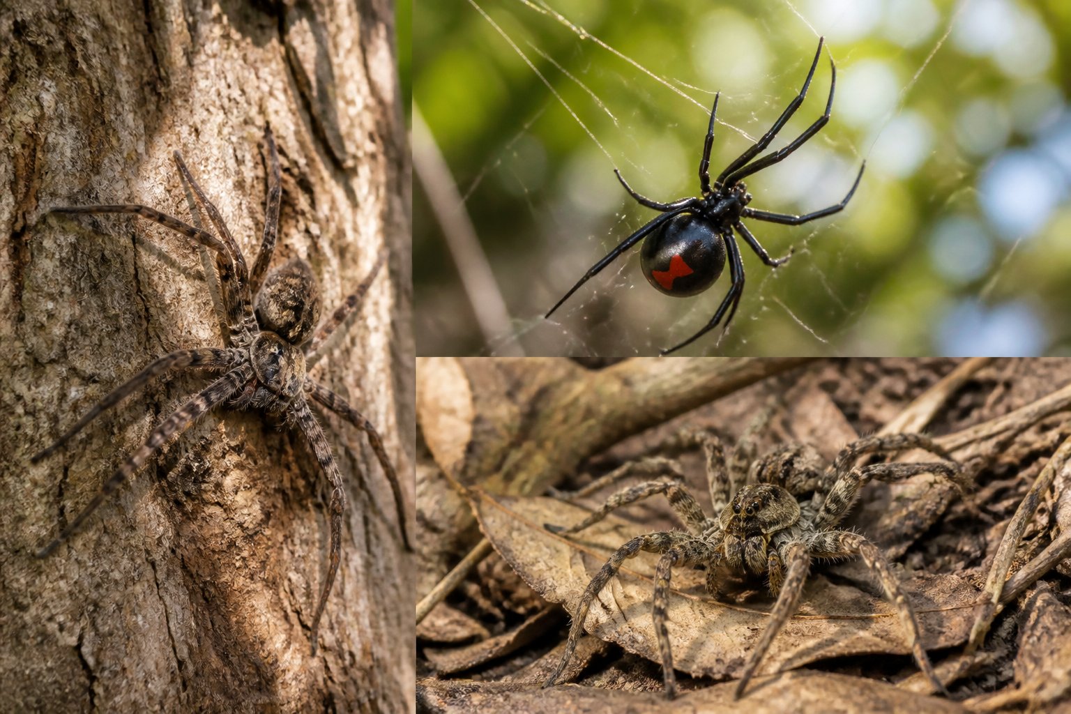 Close-up view of several spiders on natural surfaces like tree bark and leaves in an outdoor setting.