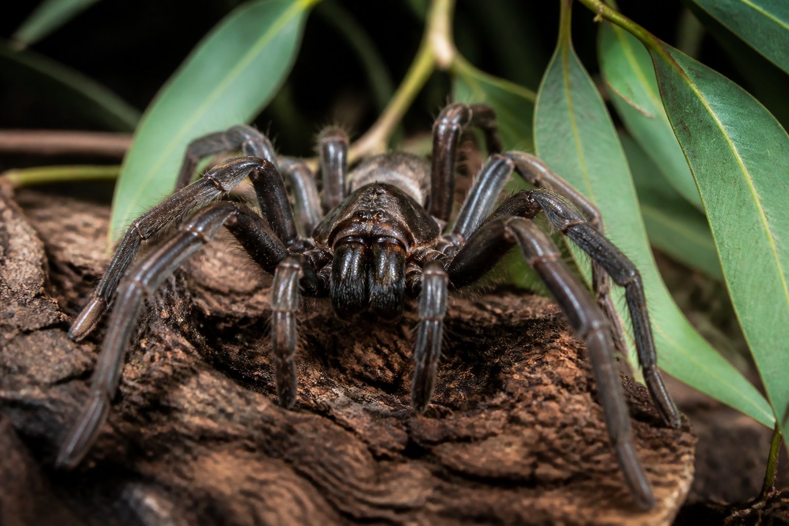 Close-up of an Australian spider perched on eucalyptus leaves in its natural habitat.