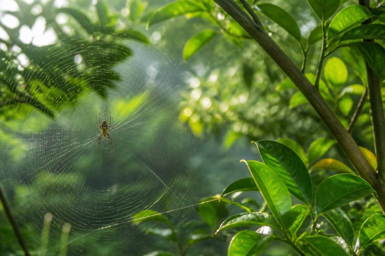 Close-up of a spider on a web in a lush tropical garden with green leaves and sunlight filtering through.