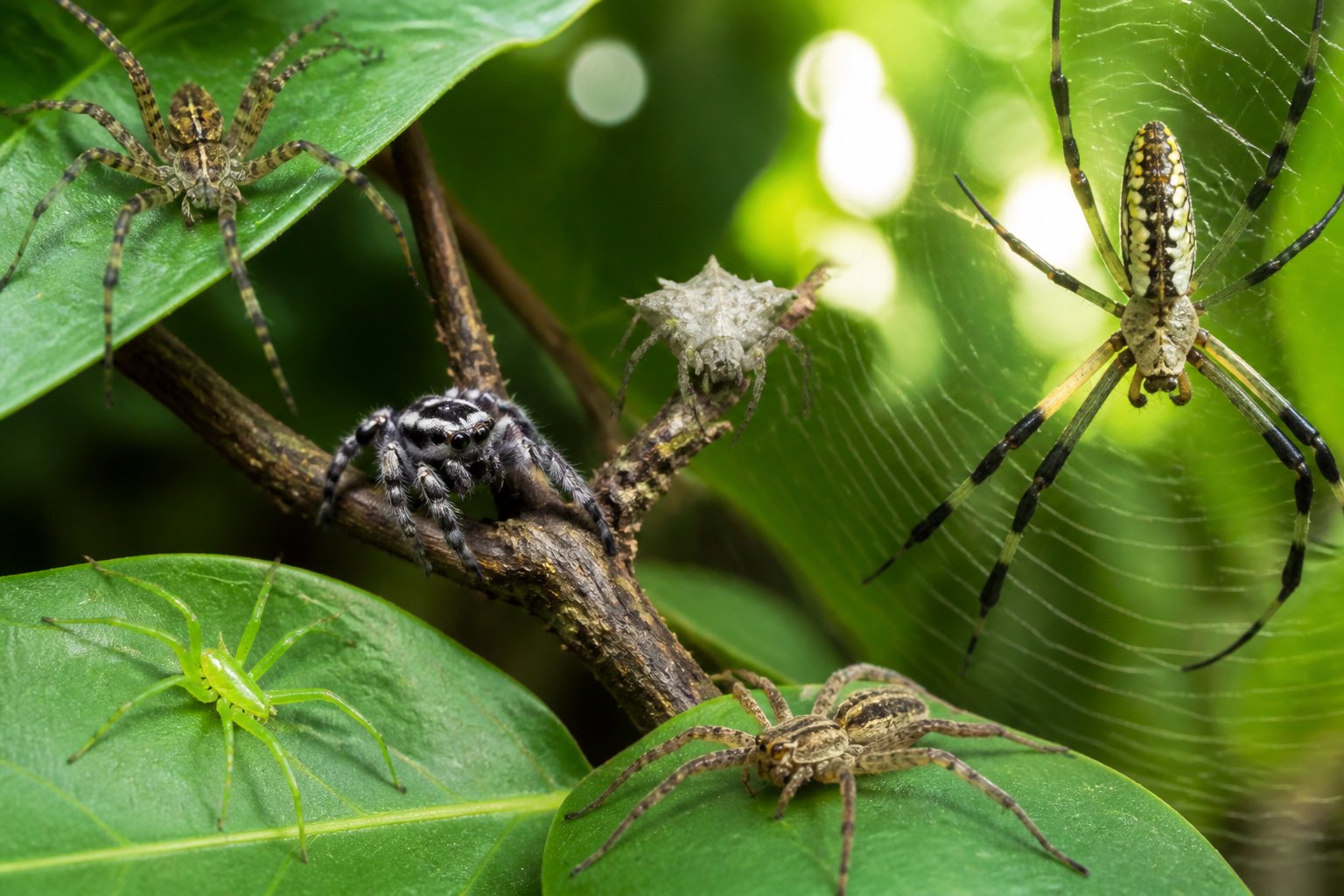 Close-up view of several different spiders on green leaves in a tropical outdoor setting.
