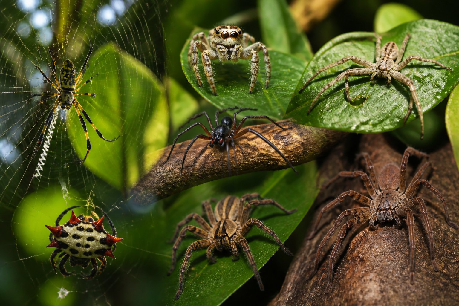 Close-up view of several spiders on green leaves and branches in a tropical jungle setting.