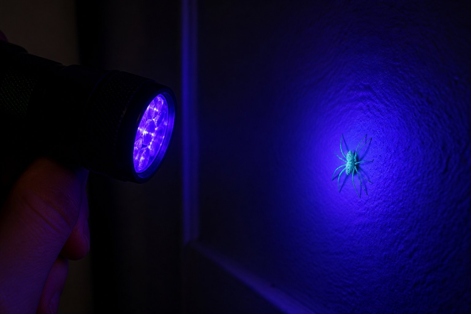 A close-up of a small spider glowing under a UV flashlight beam on a dark wall indoors.