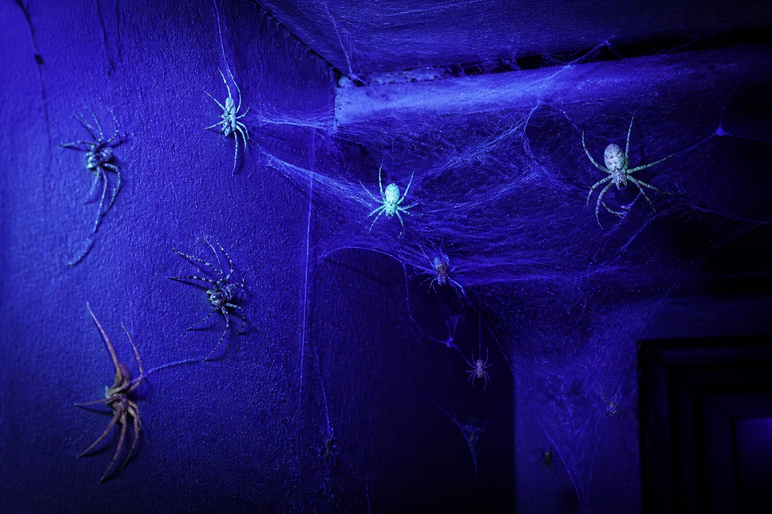 Close-up of several spiders and their webs glowing under ultraviolet light in a dark indoor corner.