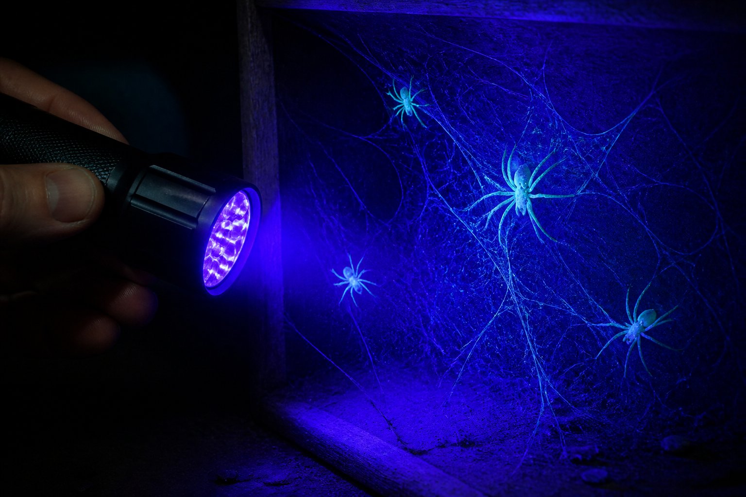 A close-up of a person shining a UV light on spiders and their glowing webs in a dark indoor corner.