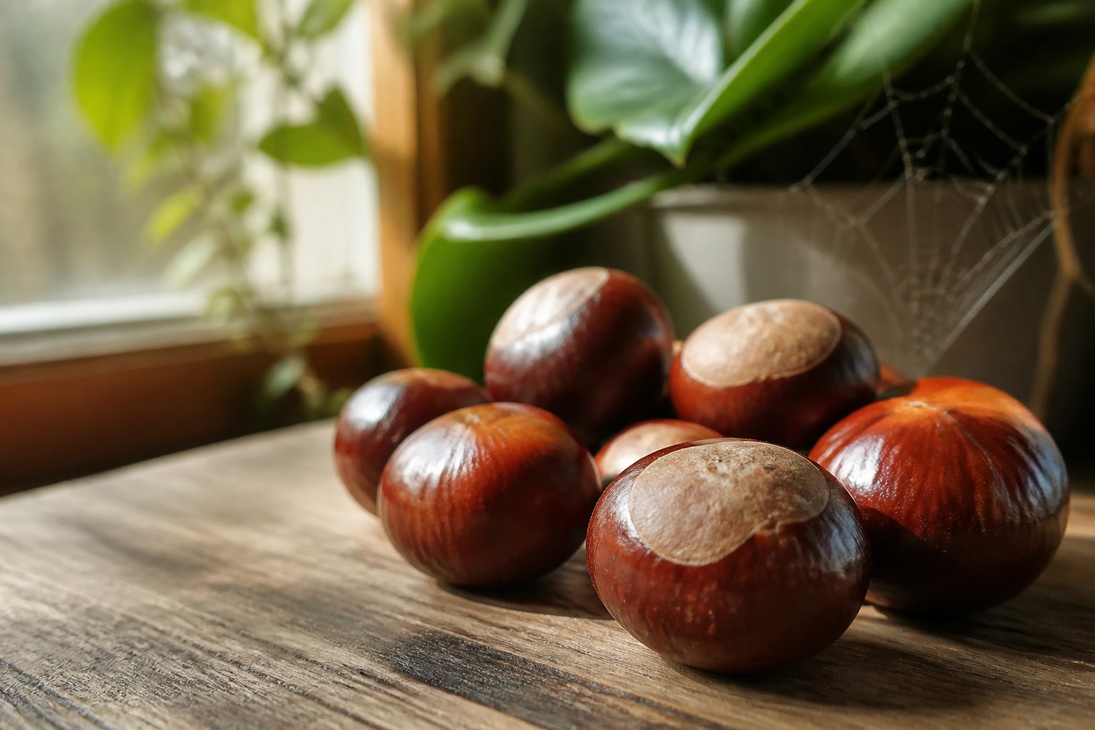 Close-up of shiny horse chestnuts on a wooden surface near a window with soft daylight and a blurred spider web in the background.