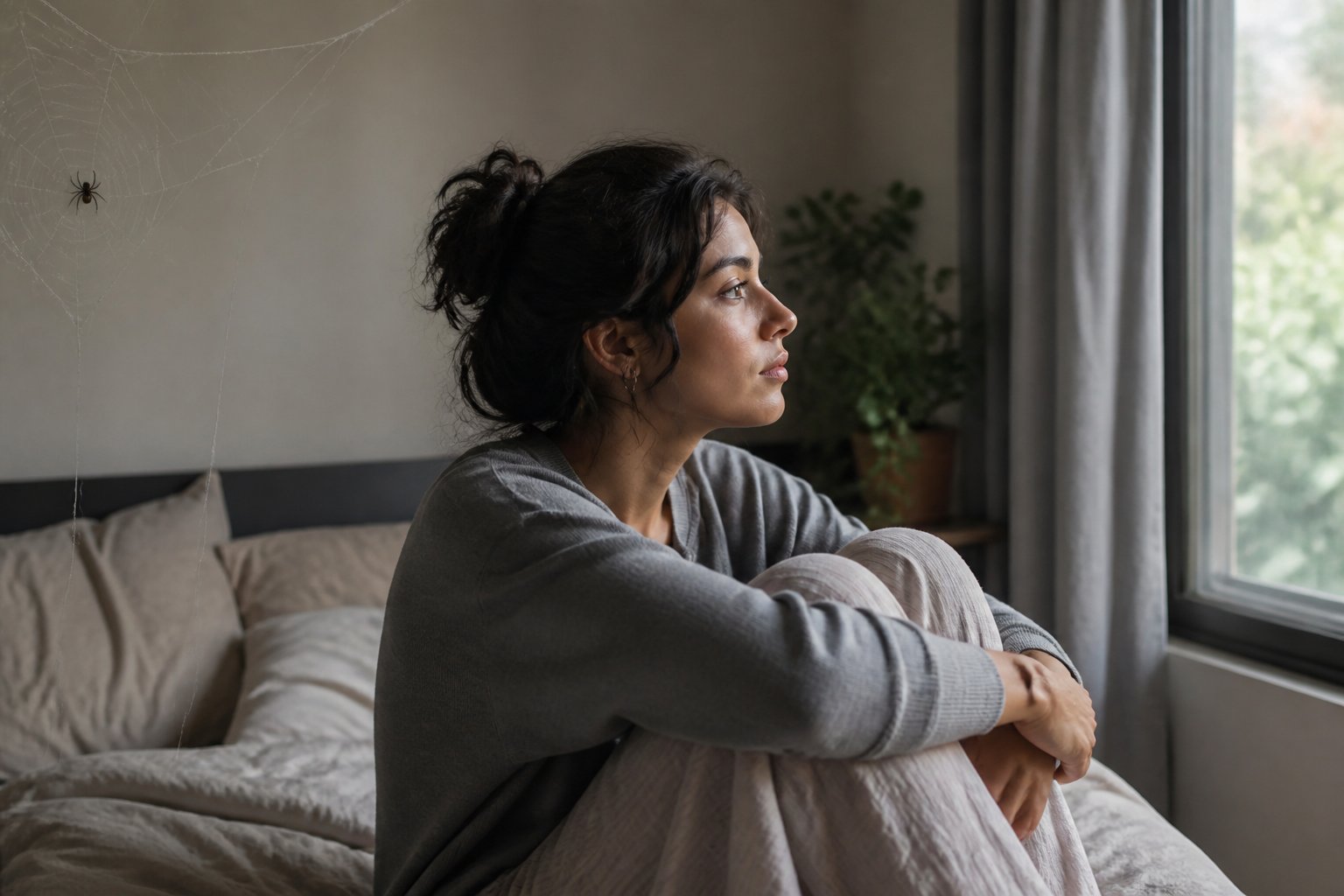 A young adult sitting on a bed looking thoughtfully out of a window with a spider web and a small spider visible in the room.