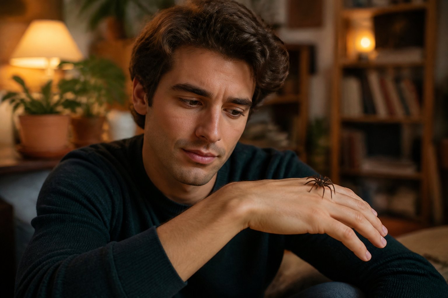 A young adult sitting in a cozy room looking thoughtfully at a small spider on their hand.