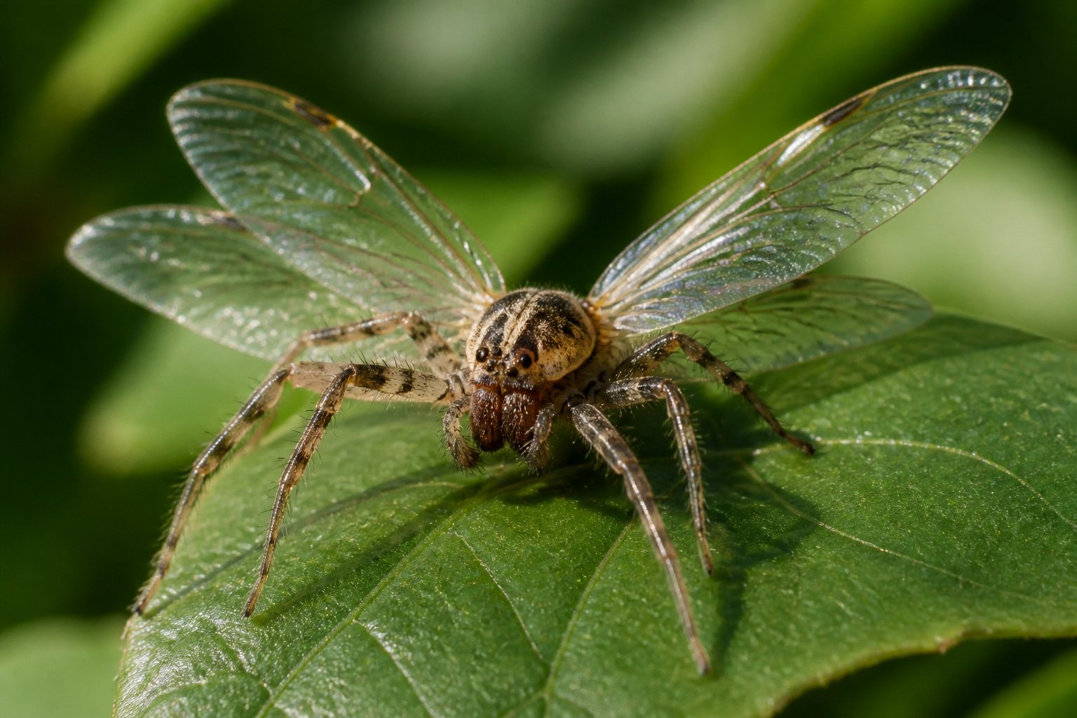 Close-up of a spider with translucent insect-like wings resting on a green leaf outdoors.