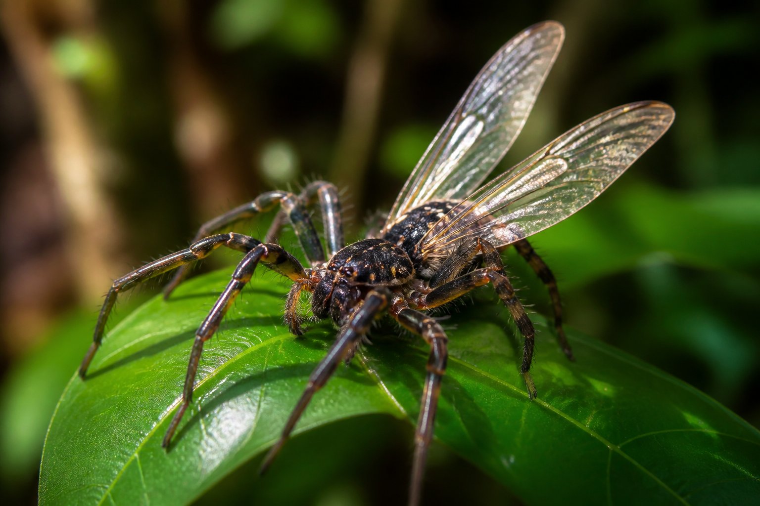 Close-up of a spider with translucent wings resting on a green leaf outdoors.