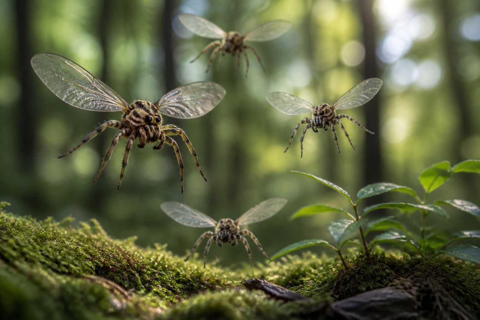 Several spiders with delicate wings flying above a green forest floor with sunlight filtering through trees.