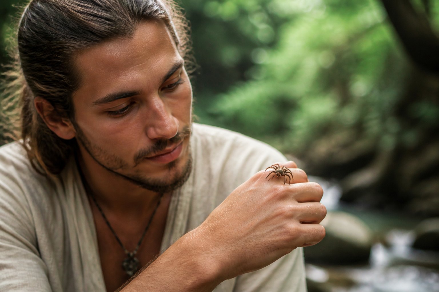 A person outdoors gently holding a small spider on their hand, surrounded by green foliage.