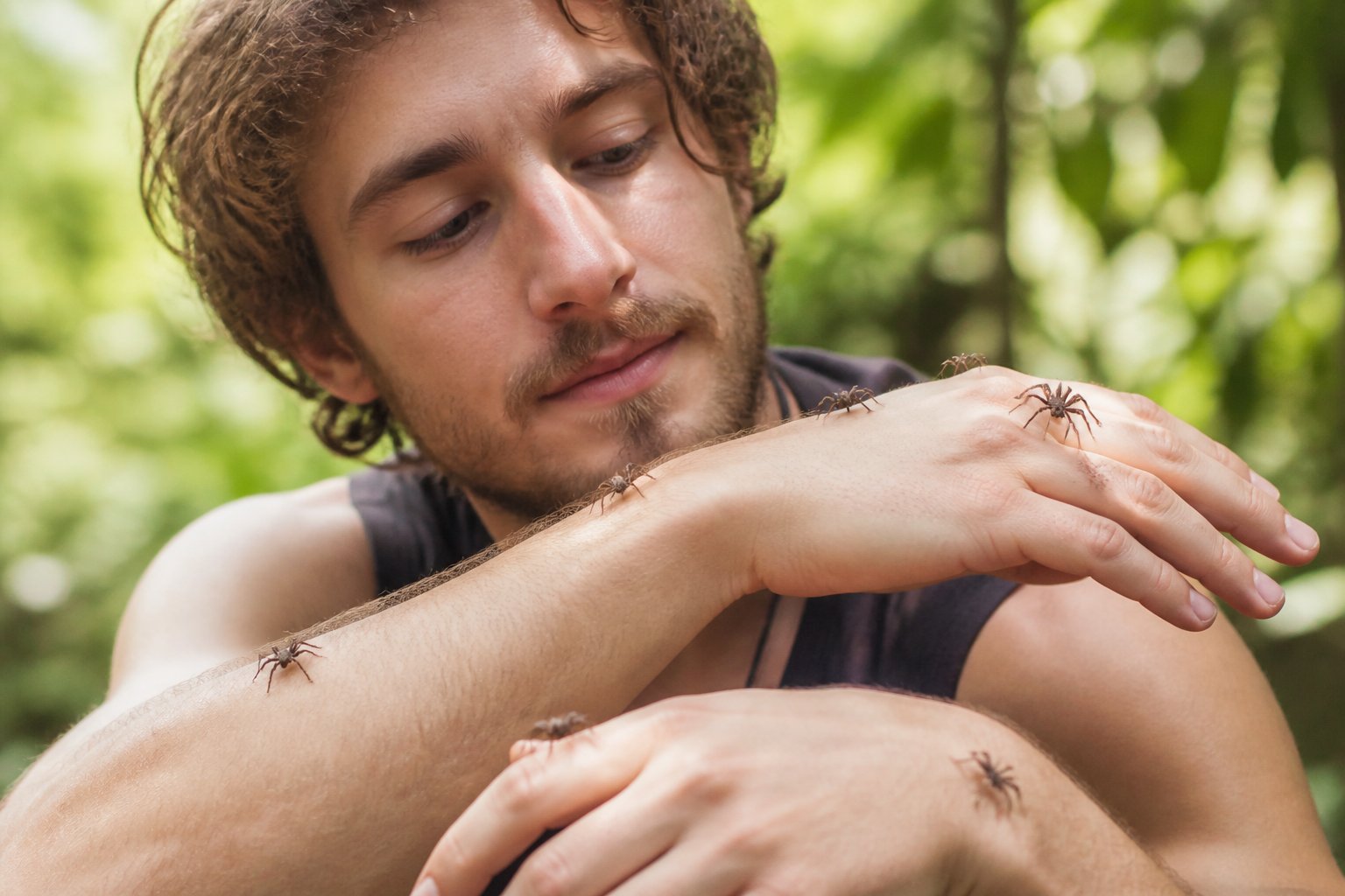A person outdoors with small spiders crawling on their hands and arms, looking calm and thoughtful.