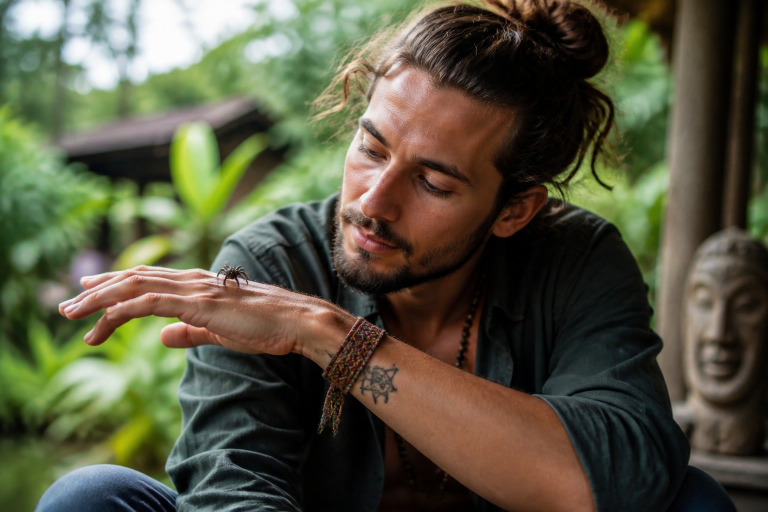 A person sitting outdoors looking at a small spider crawling on their hand with greenery in the background.