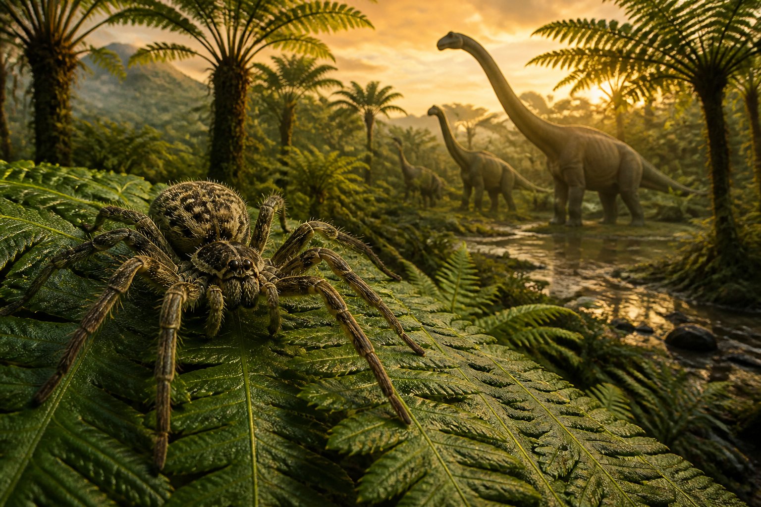A large spider on a prehistoric leaf with dinosaurs and ancient plants in the background.